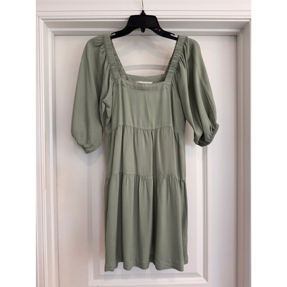 Beyond Words Sage Green Tiered Puff Sleeve Mini Babydoll Dress XS Square Neck
